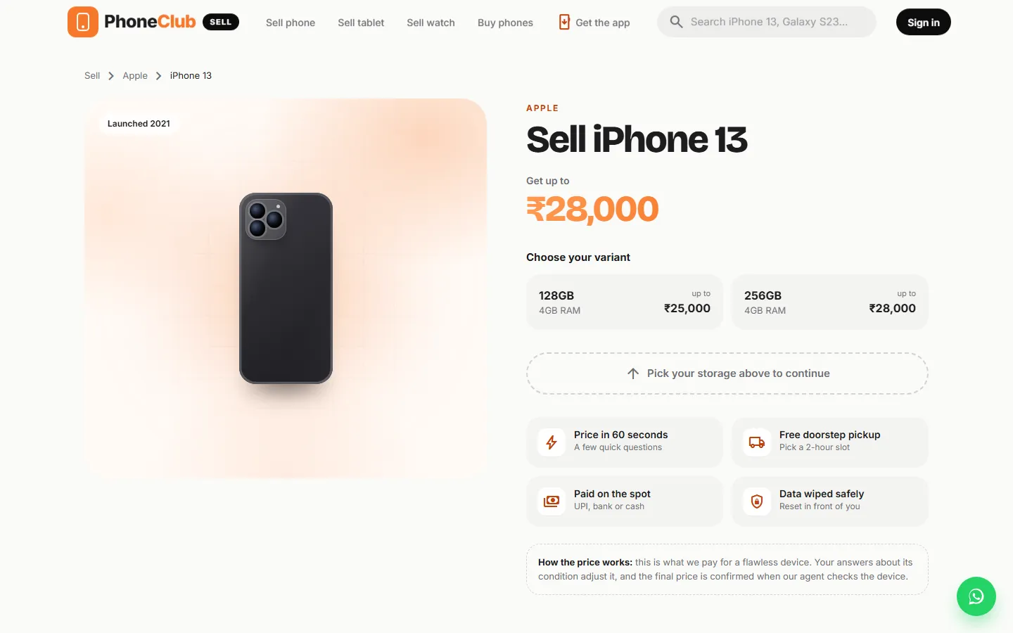 Phone Club Sell — Device page with variant prices