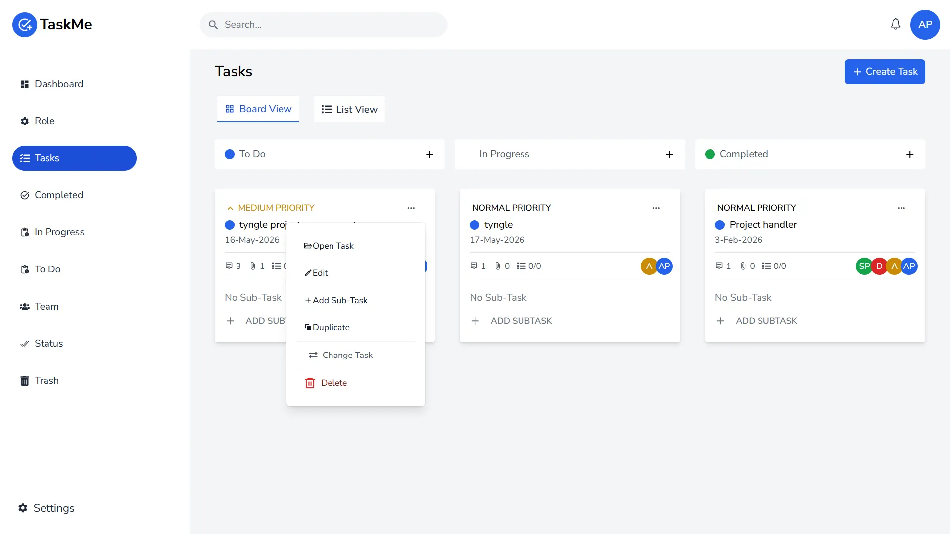 Task Manager — Kanban board
